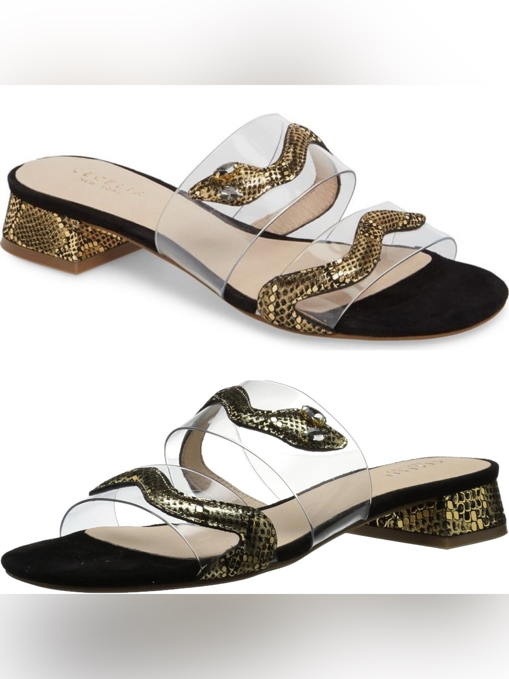Cecelia New York Gold Snake Lucite Goth Danica Slide Sandal